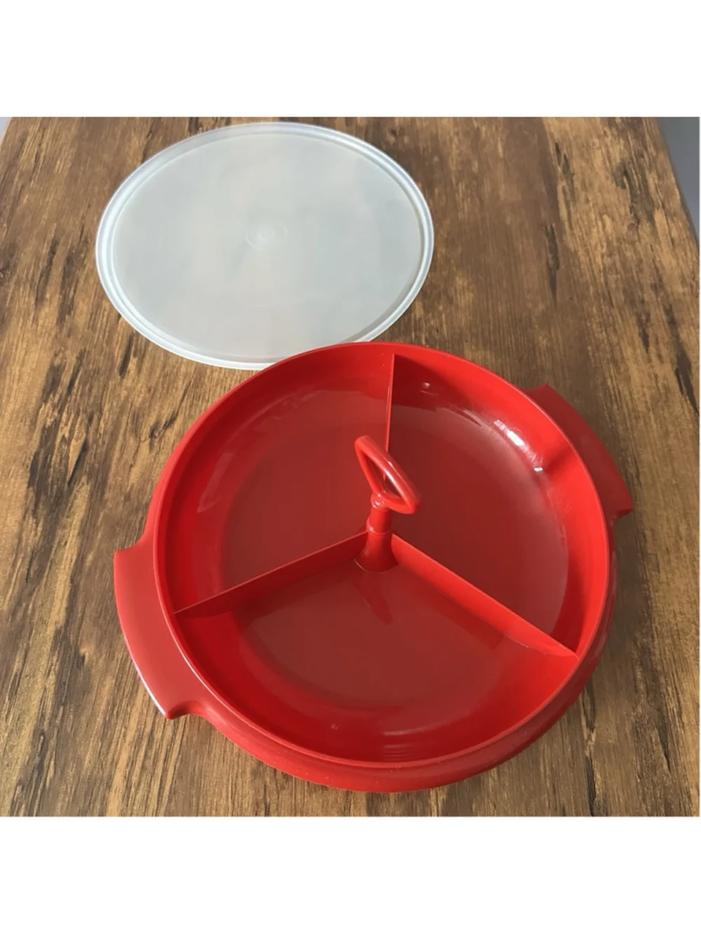 Vintage Tupperware Red Suzette Divided Relish/Candy Dish #608-1 With Sheer Seal